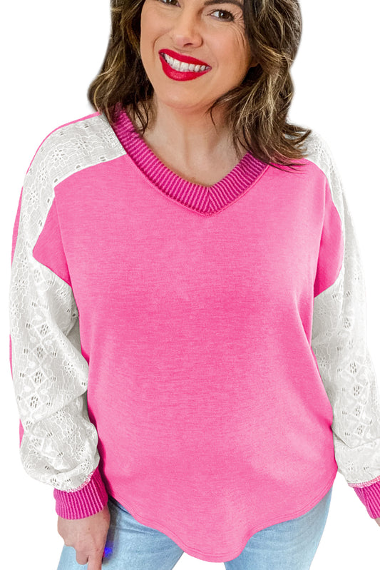 Bonbon Lace Patchwork Corded Trim Plus Size Long Sleeve Top 0a9a029a2efaf7b0
