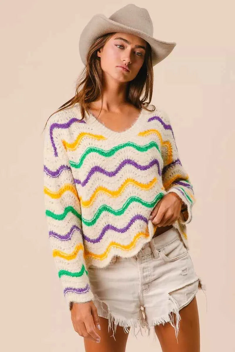 BiBi Mardi Gras Wavy Stripes V-Neck Sweater 0a9a460e8ab247fb8b758a79d8228edc-Max-Origin
