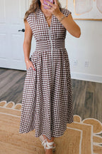 Coffee Plaid Print Full Zipper Cinched Waist Fit Flare Sleeveless Maxi Dress Coffee 95%Cotton+5%Polyester 0a9b8700a4081182