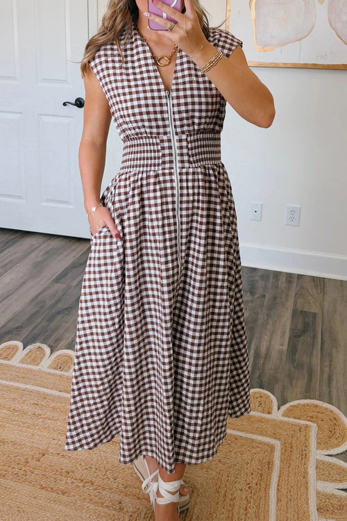 Coffee Plaid Print Full Zipper Cinched Waist Fit Flare Sleeveless Maxi Dress Coffee 95%Cotton+5%Polyester 0a9b8700a4081182