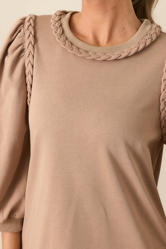 Light French Beige Twist Braided Embellished Puff Sleeve Dress 0aa5bd8a94f0c218