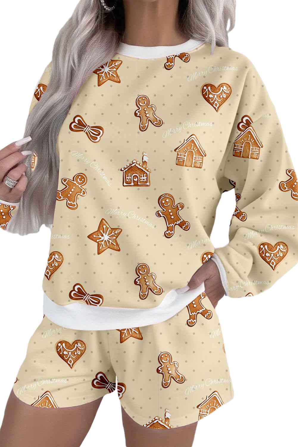 Beige Christmas Gingerbread Print Long Sleeve Pullover Shorts Holiday Pajama Set 0aa61da0e535d171
