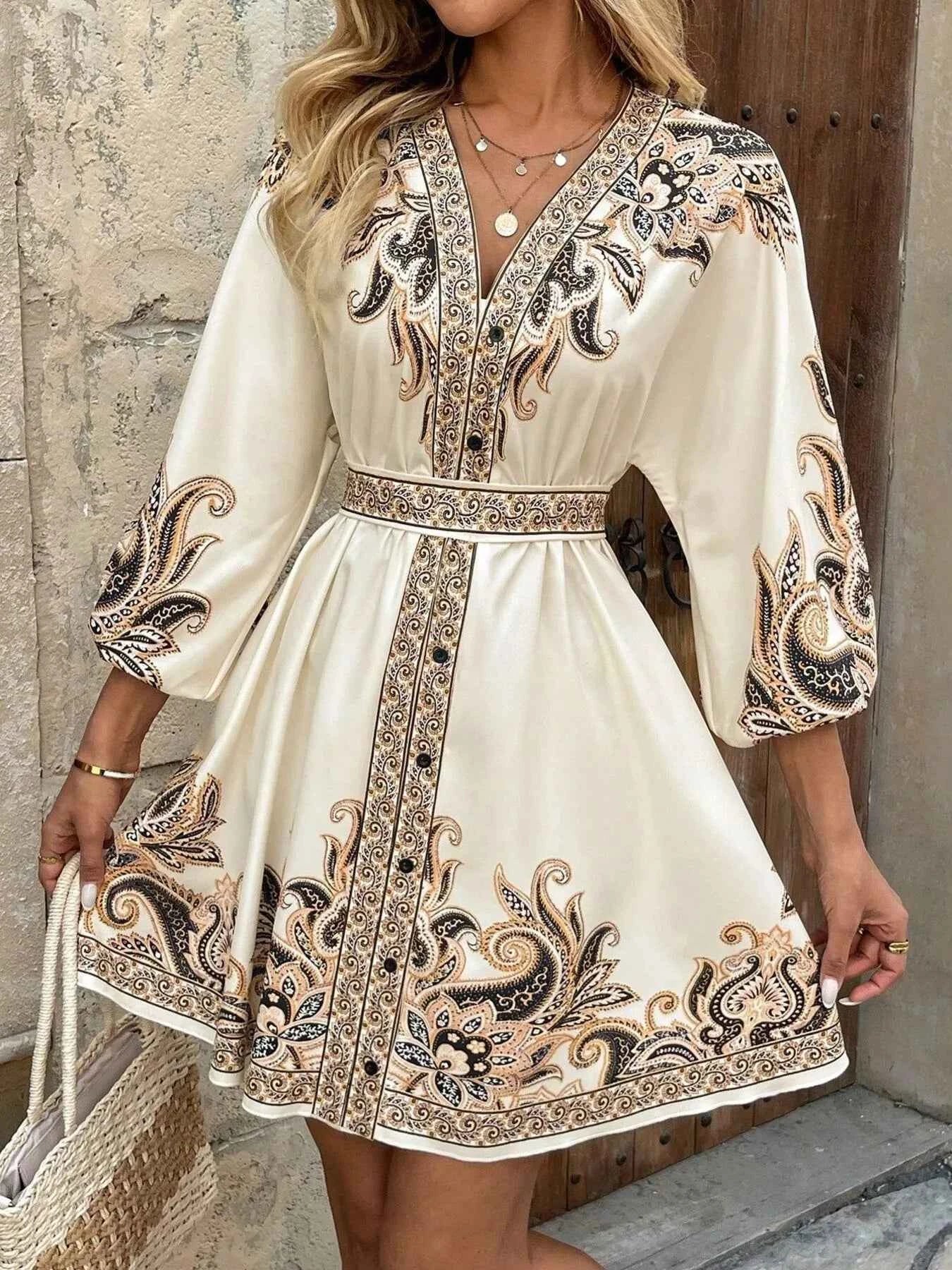 Printed Balloon Sleeve Mini Dress 0aad3a21486045eb96d9d2e080d42305-Max-Origin