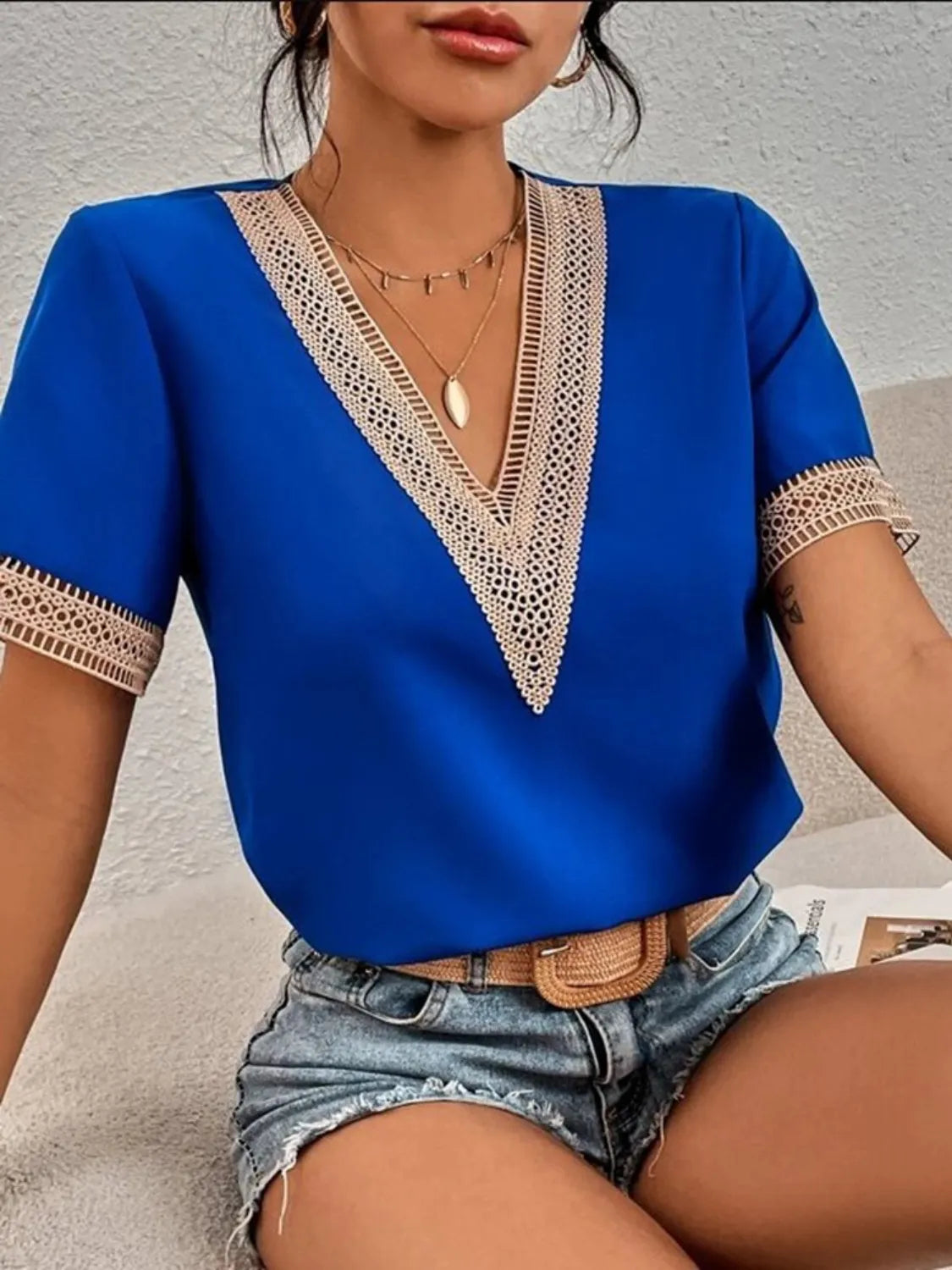 Full Size V-Neck Short Sleeve Blouse Plus Size Royal Blue 0ab10634-b793-4956-a812-22c7549dd368-Max-Origin