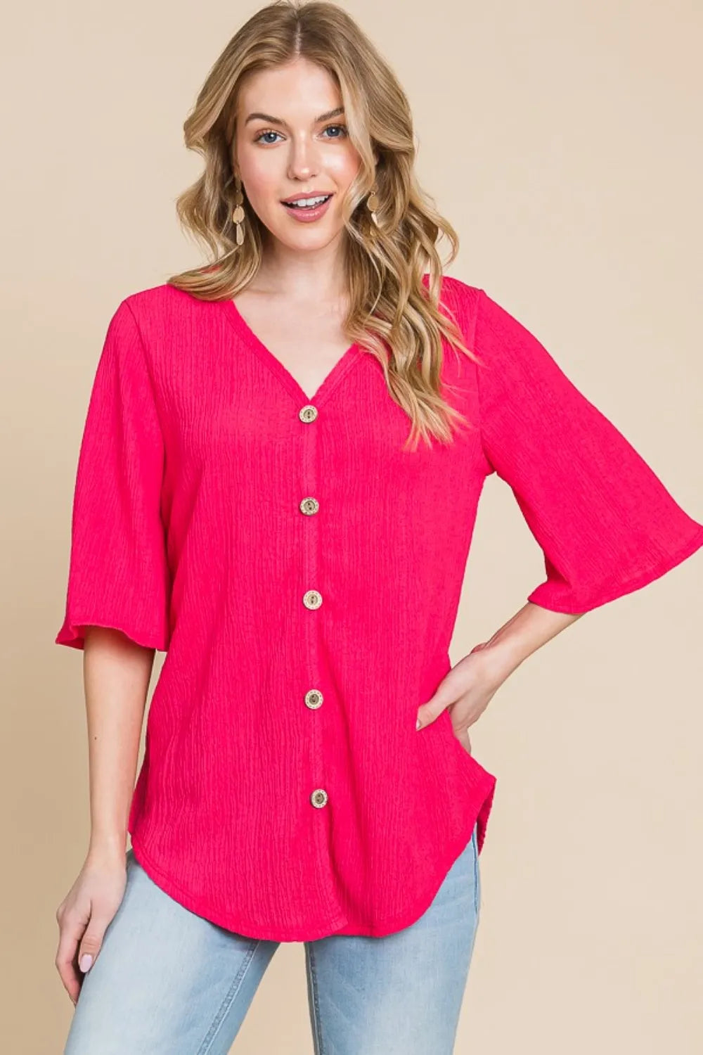 BOMBOM Texture Decorative Button V-Neck Top 0ab6ad18-7373-4cea-9a8c-9175edb9d448-Max