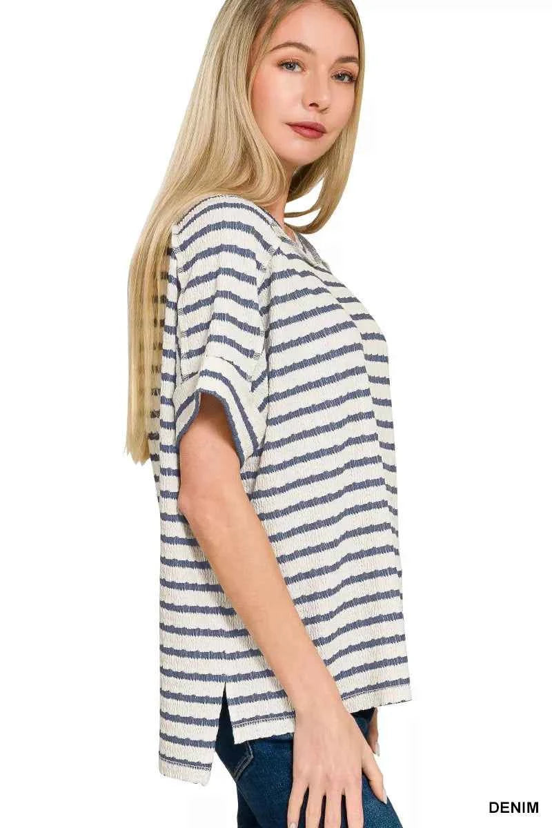 Zenana Striped Short Sleeve Hi-low Tee 0ab8e51ffbe045d7867fbb9303ff7239-Max-Origin