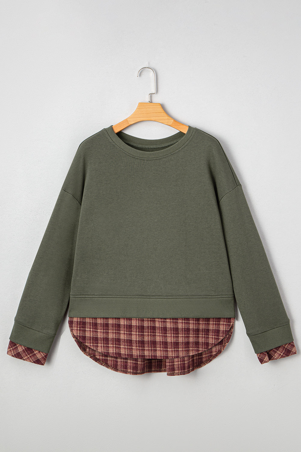 Moss Green Vintage Plaid Patchwork Drop Shoulder Sweatshirt 0aba55f2b4d671aa