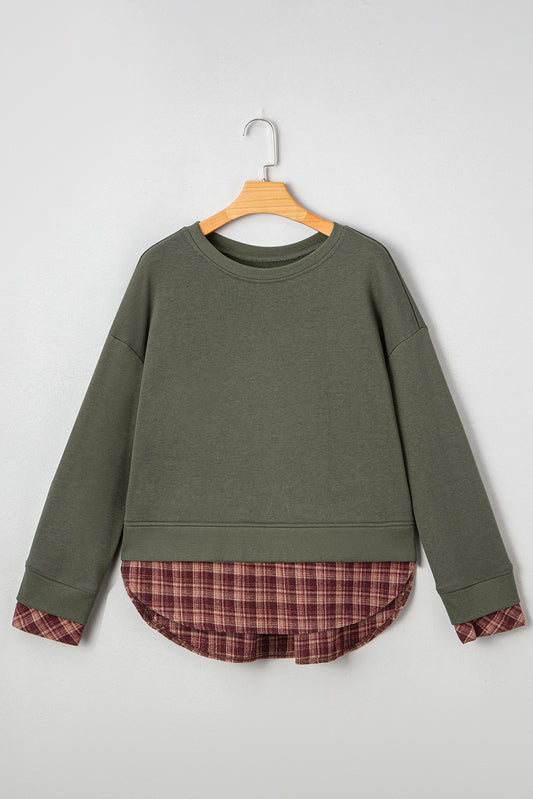 Moss Green Vintage Plaid Patchwork Drop Shoulder Sweatshirt 0aba55f2b4d671aa