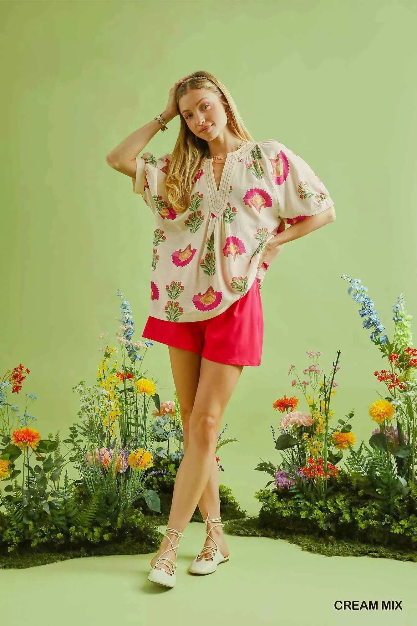 Umgee Abstract Print Blouse with Ruched Detail 0ac15c07-3d77-4960-a9dd-827e398940c1-Max-Origin