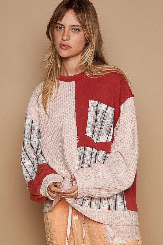 POL Exposed Seam Floral Patch Color Block Round Neck Sweatshirt