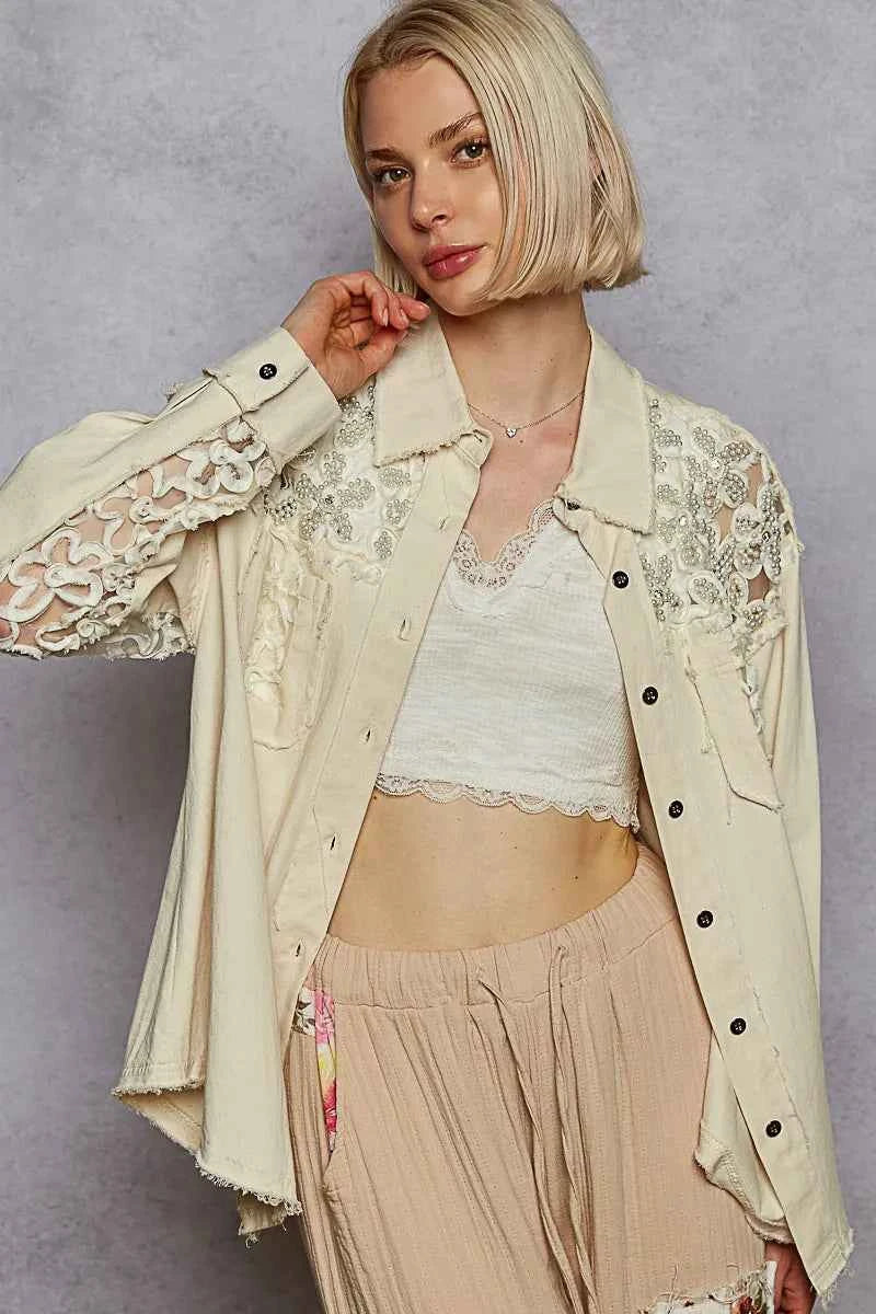 POL Button Down Raw Edg Shirt with Pearl Lace Patch OATMILK 0acbd721-6466-41db-b508-55cf135bc624-Max-Origin