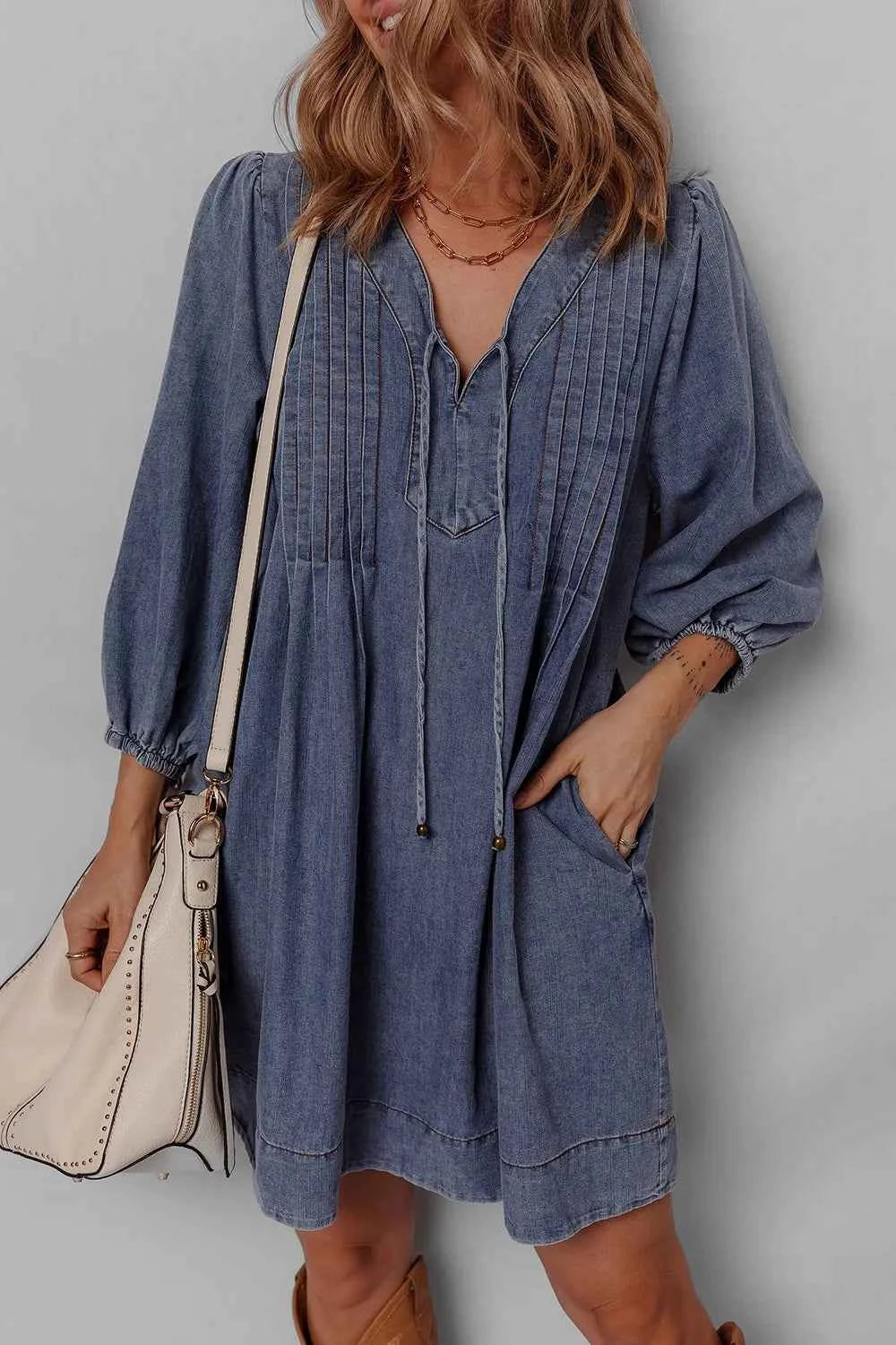 Tie Neck Long Sleeve Mini Denim Dress 0ada3a78-7208-4855-a3e6-5e94a70b149c-Max-Origin