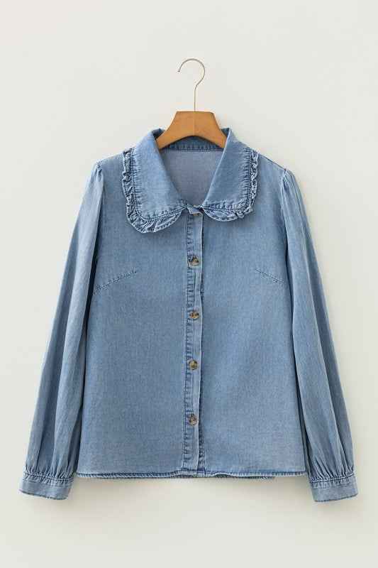 Western Denim Ruffle Peter Pan Collar Shirt Beau Blue 0adaa343-1ab1-4f61-9a24-a271773e2cc1