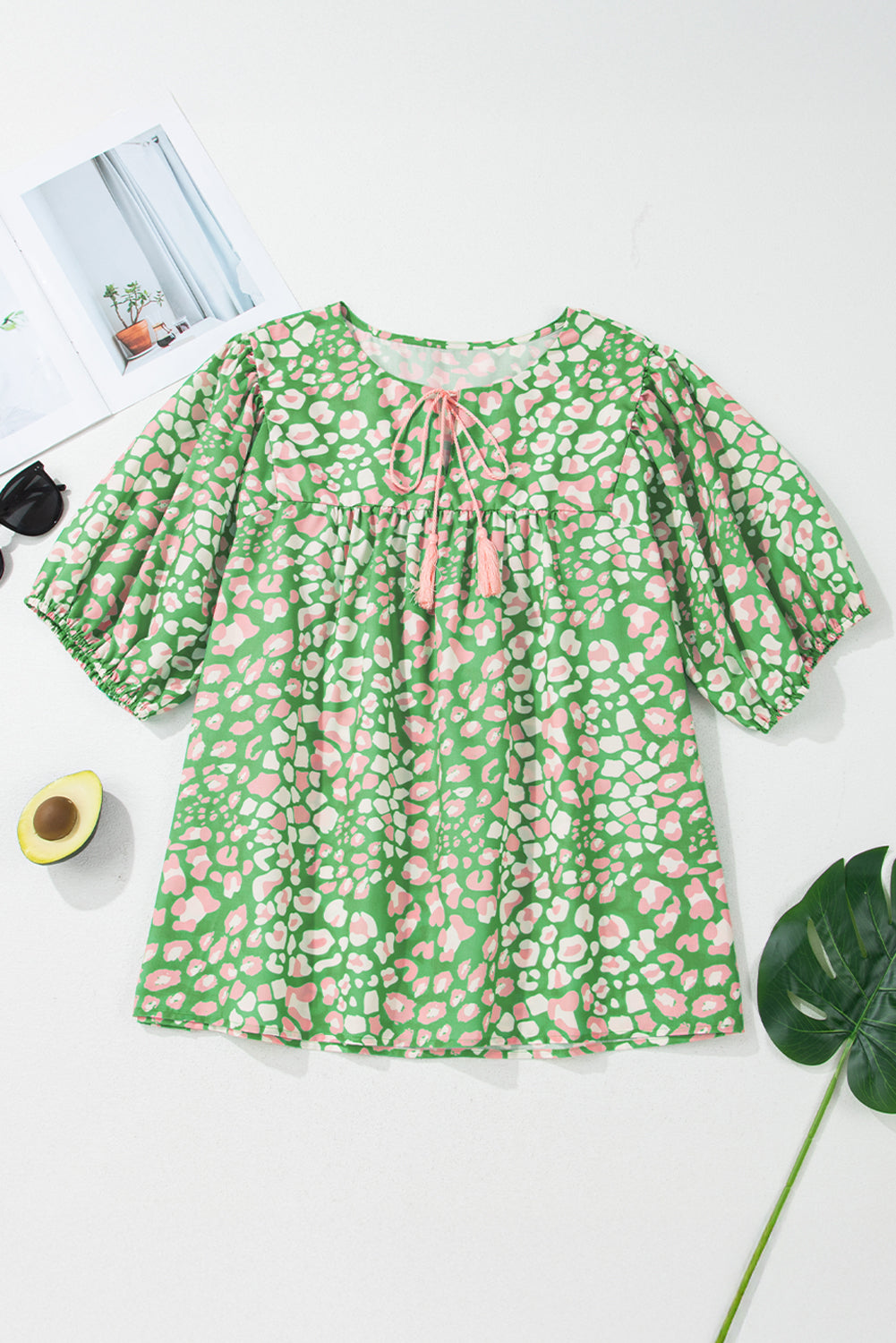 Green Plus Size Leopard Tassel Tie Split Neck Puff Sleeve Blouse 0adabf61a2a10768