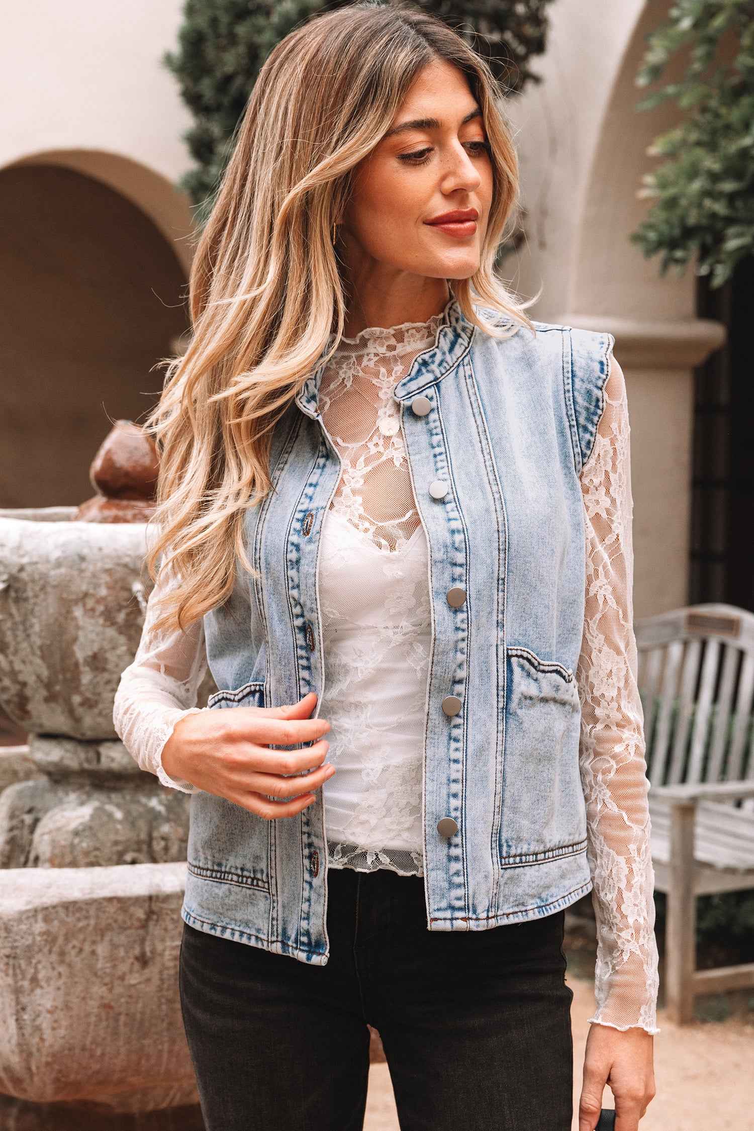 Beau Blue Scalloped Trim Patch Pocket Button Front Denim Vest 0ade6faa8237992f