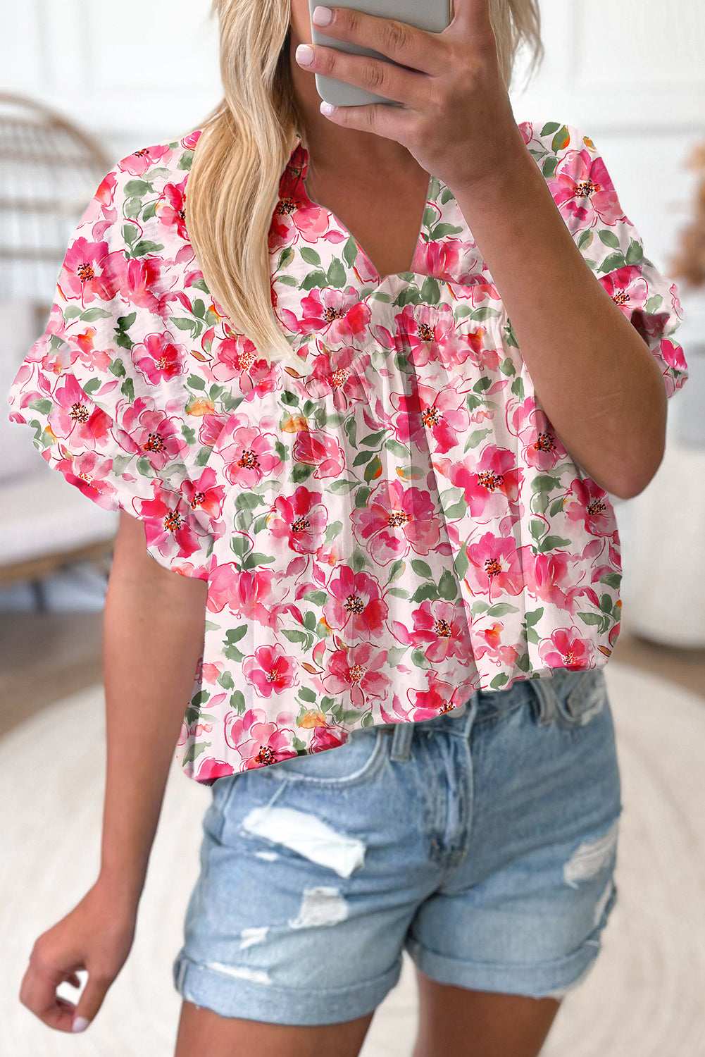 Yellow Allover Floral Print Boxy Fit V Neck Blouse Pink 0ae0f5b594028be9-_9