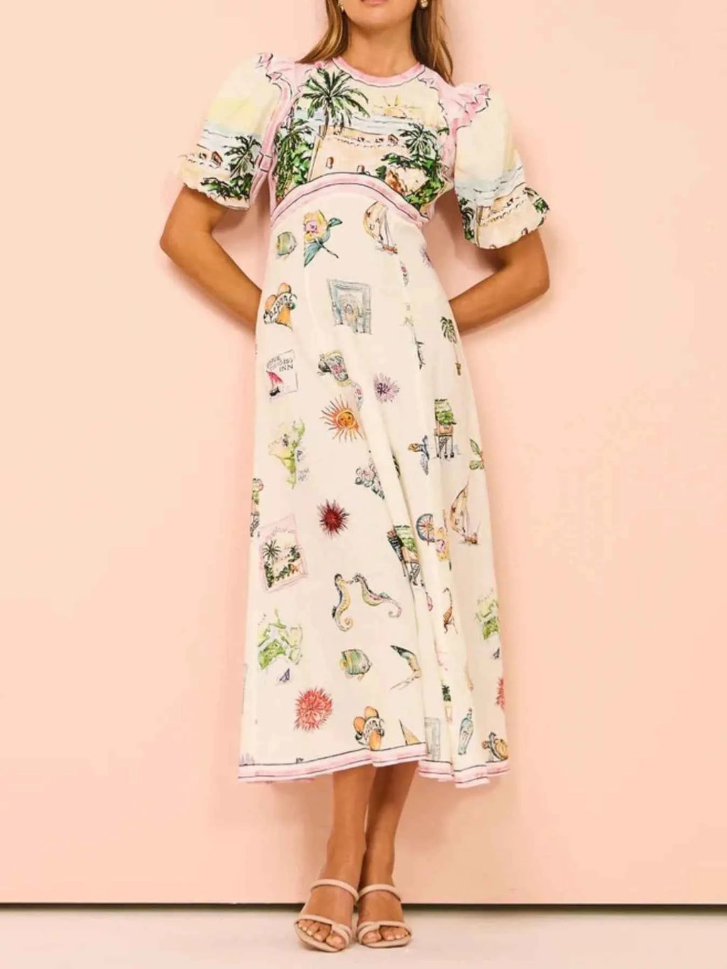 Printed Round Neck Puff Sleeve Midi Dress Beige 0ae4cb9a-42a7-4540-8cba-5fdc98eb4e48-Max-Origin