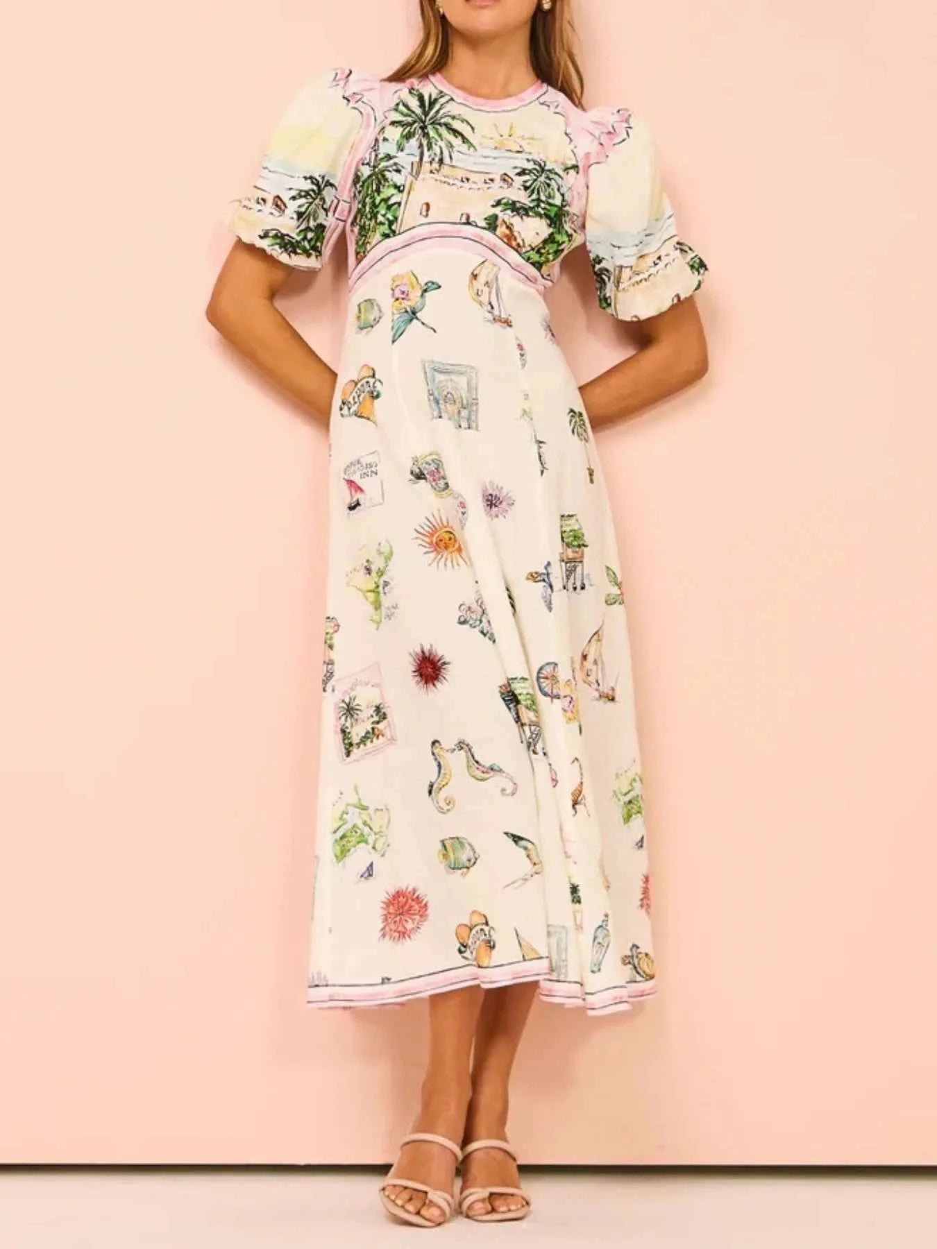Printed Round Neck Puff Sleeve Midi Dress Beige 0ae4cb9a-42a7-4540-8cba-5fdc98eb4e48-Max-Origin