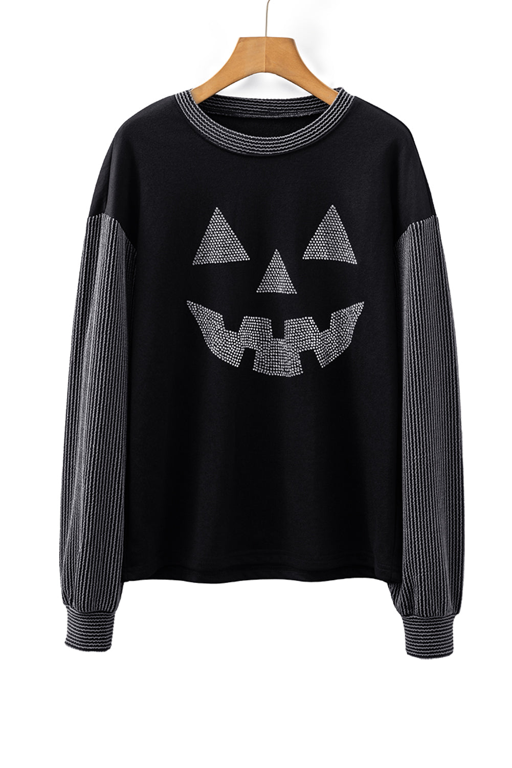 Black Halloween Rhinestone Pumpkin Contrast Ribbed Patchwork Top 0ae99bbedc063ba6
