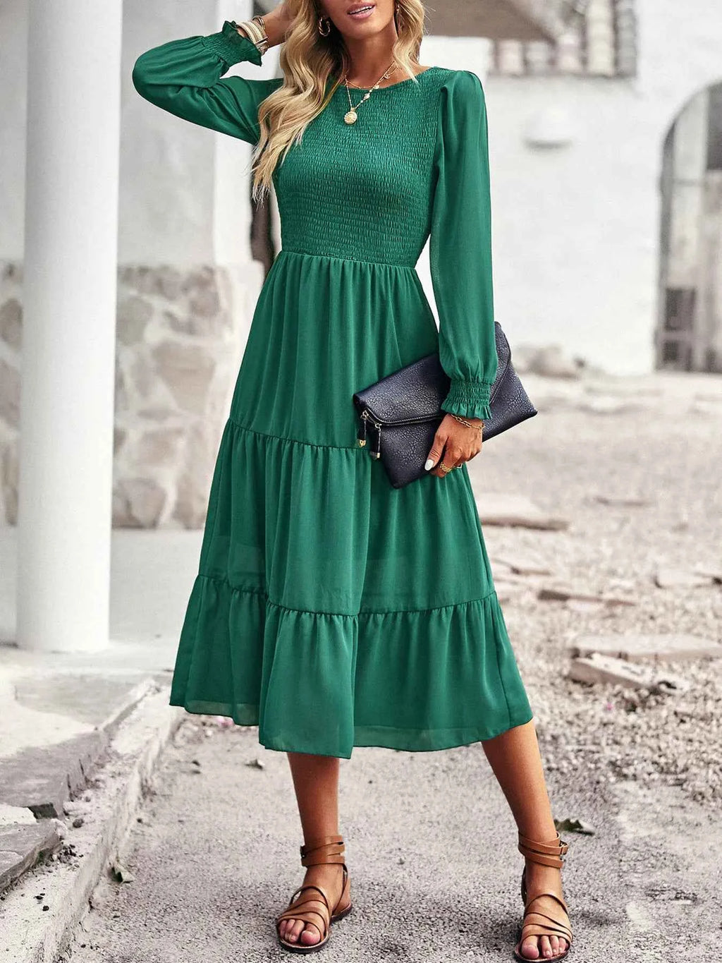 Smocked Long Sleeve Tiered Dress Green 0af17eebaf0a45879cae6c44ca8629b4-Max-Origin