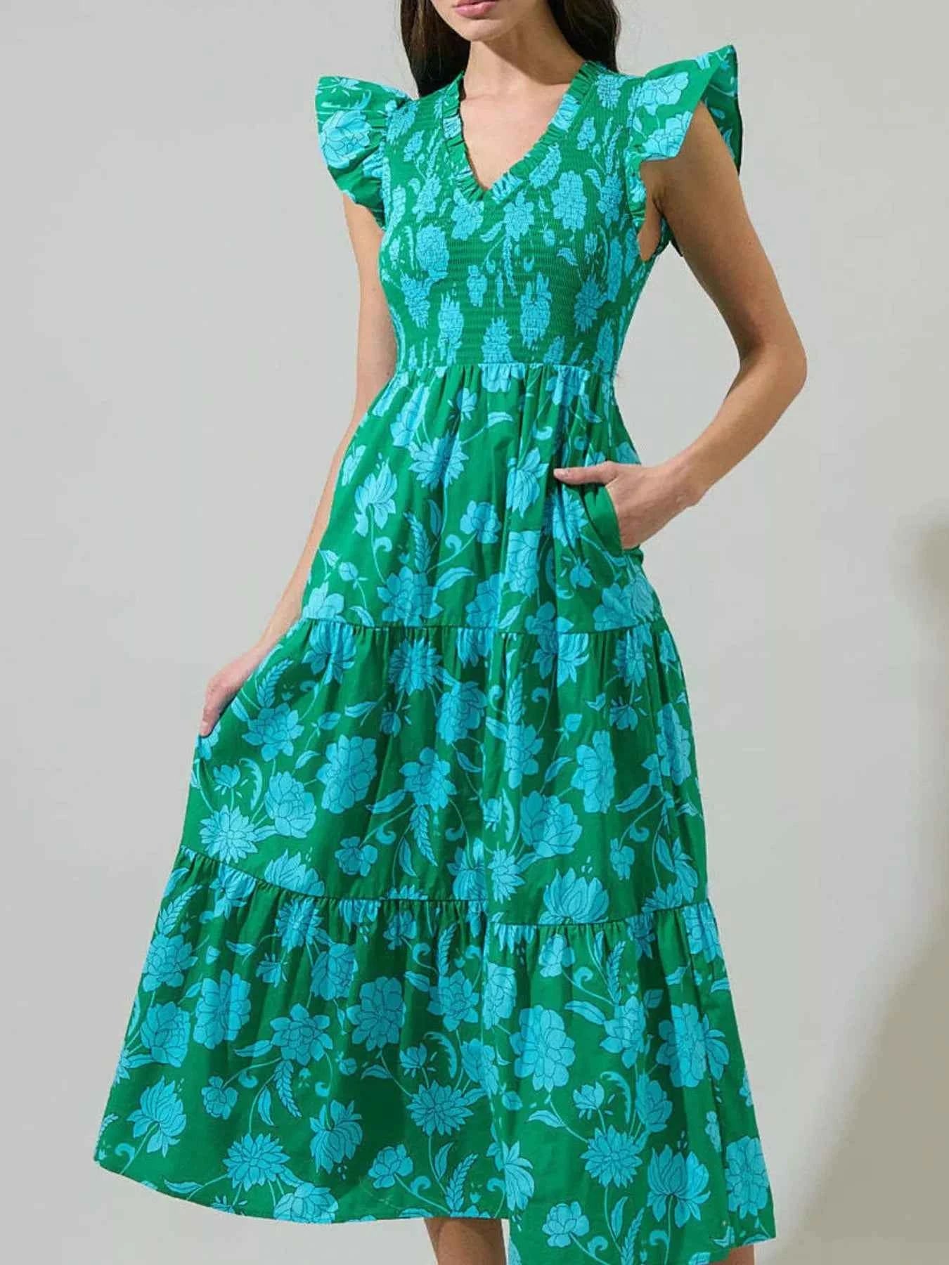 Ruffled V-Neck Tiered Midi Dress Turquoise 0af41269-d5a2-424c-b303-b51109110bb2-Max-Origin