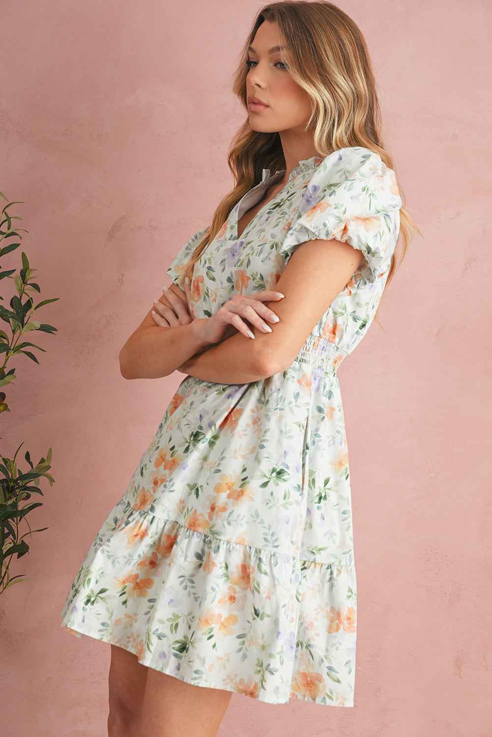Beige Floral Print Smocked High Waist Puff Sleeve Mini Dress 0afc7866988b0d87