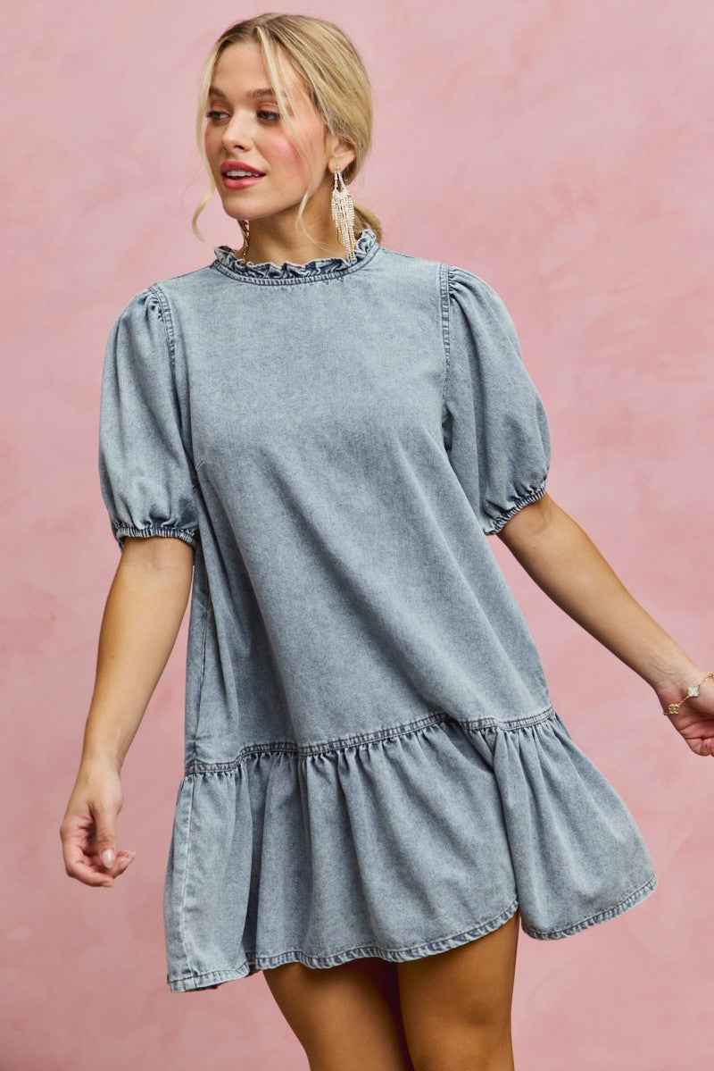 SO ME Denim Short Sleeves Mini Tiered Dress 0aff62d3331b4ce7950ed2866c22f416-Max