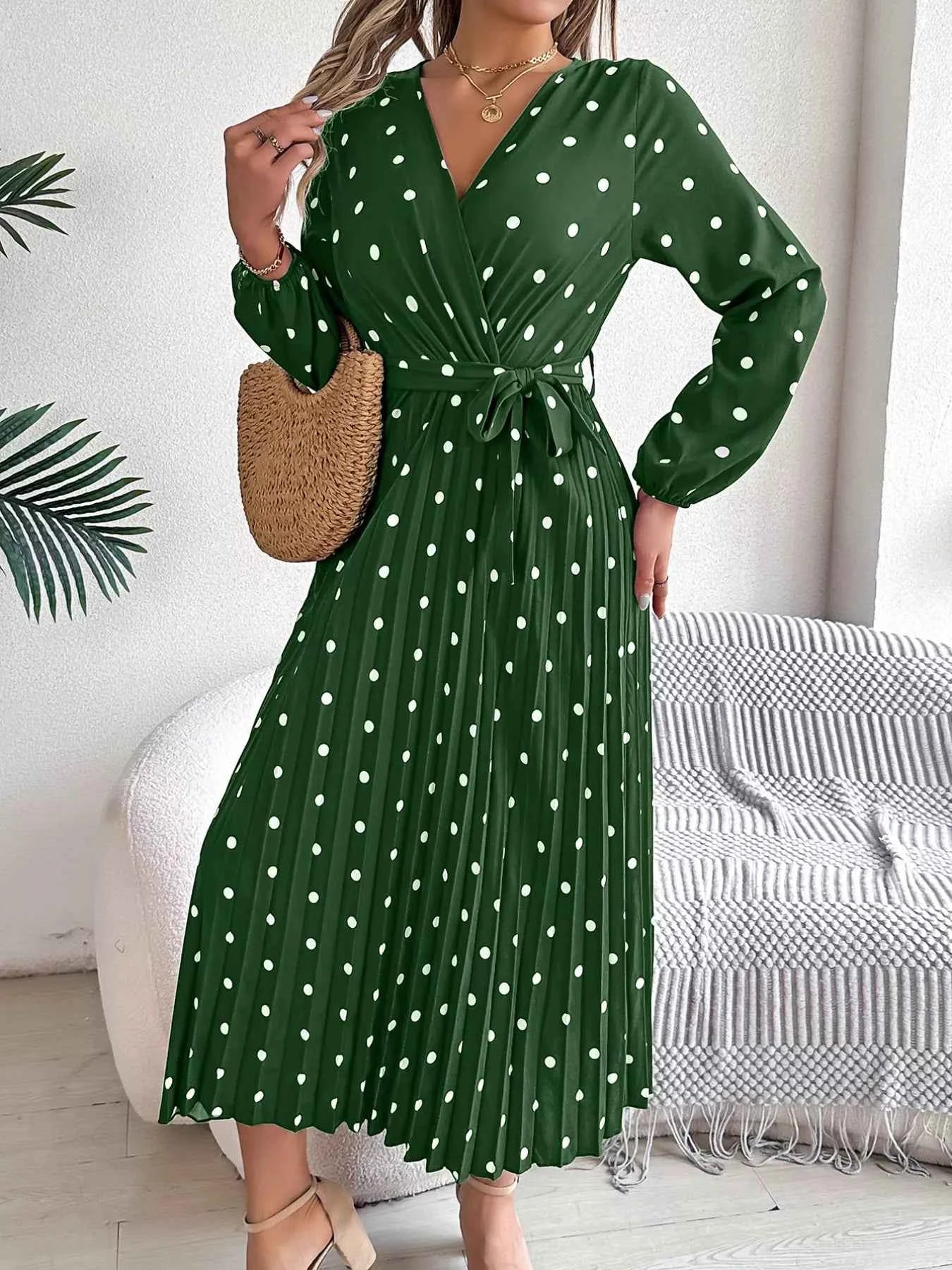 Front Tie Polka Dot Midi Pleated Dress 0b053346-a266-4ffe-96a7-741836dff759-Max-Origin