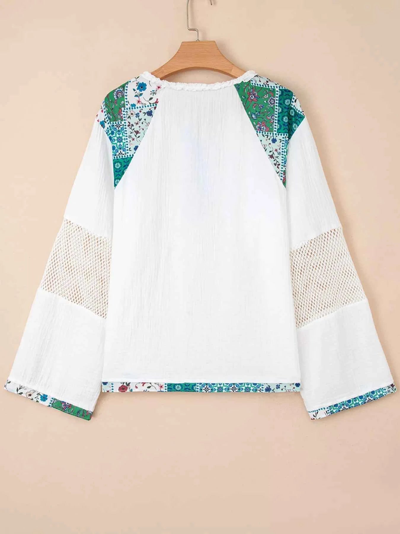Mesh Patched Color Block Half Button Blouse 0b0c9496eac147398459eeaaab88b720-Max-Origin