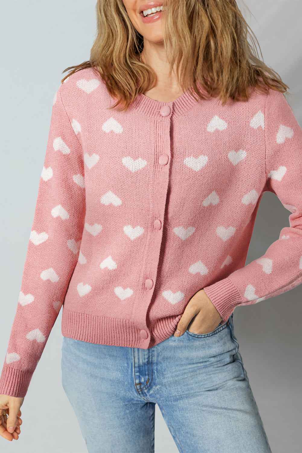 Light Pink Heart Pattern Button Front Cardigan Sweater Light Pink 65%Acrylic+35%Polyamide 0b0fea84d5ed3b6b