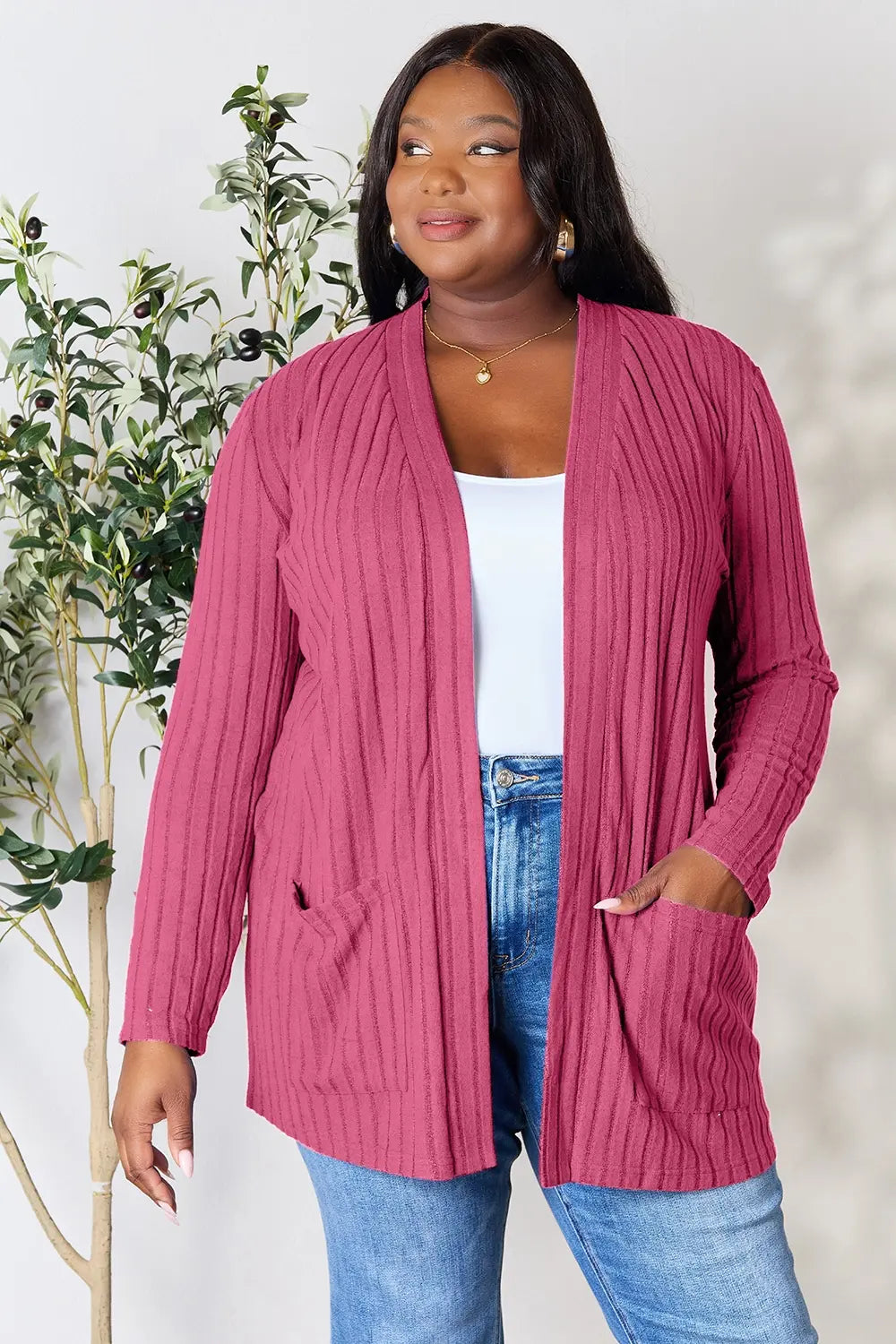 Basic Bae Full Size Ribbed Open Front Cardigan with Pockets Pink 0b1135adb72d4ac49e28280629142118-Max