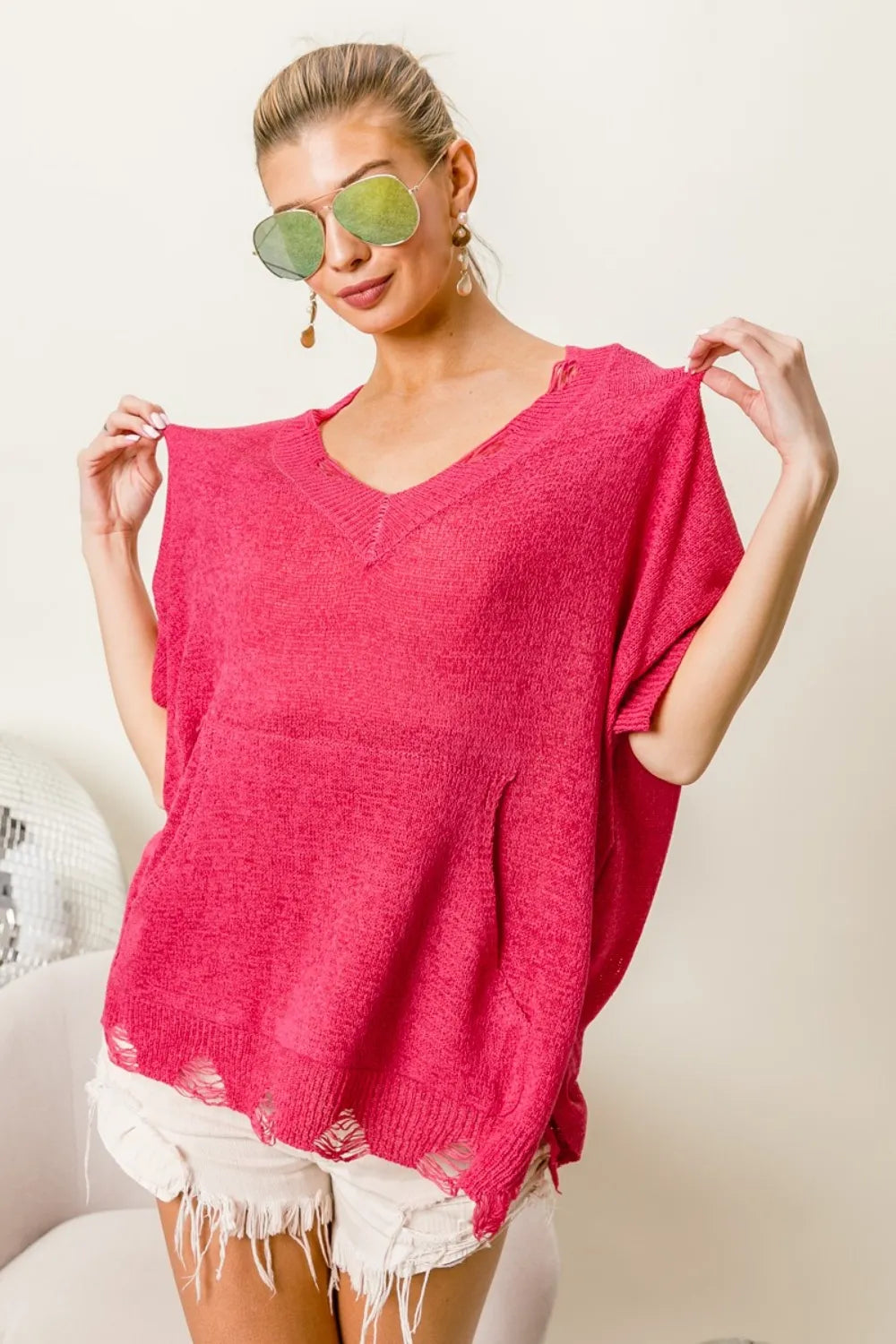 BiBi Distressed Hem V-Neck Slit Sweater 0b12a4ea-1ead-4ac8-8fff-13d2a6d2a0c1-Max