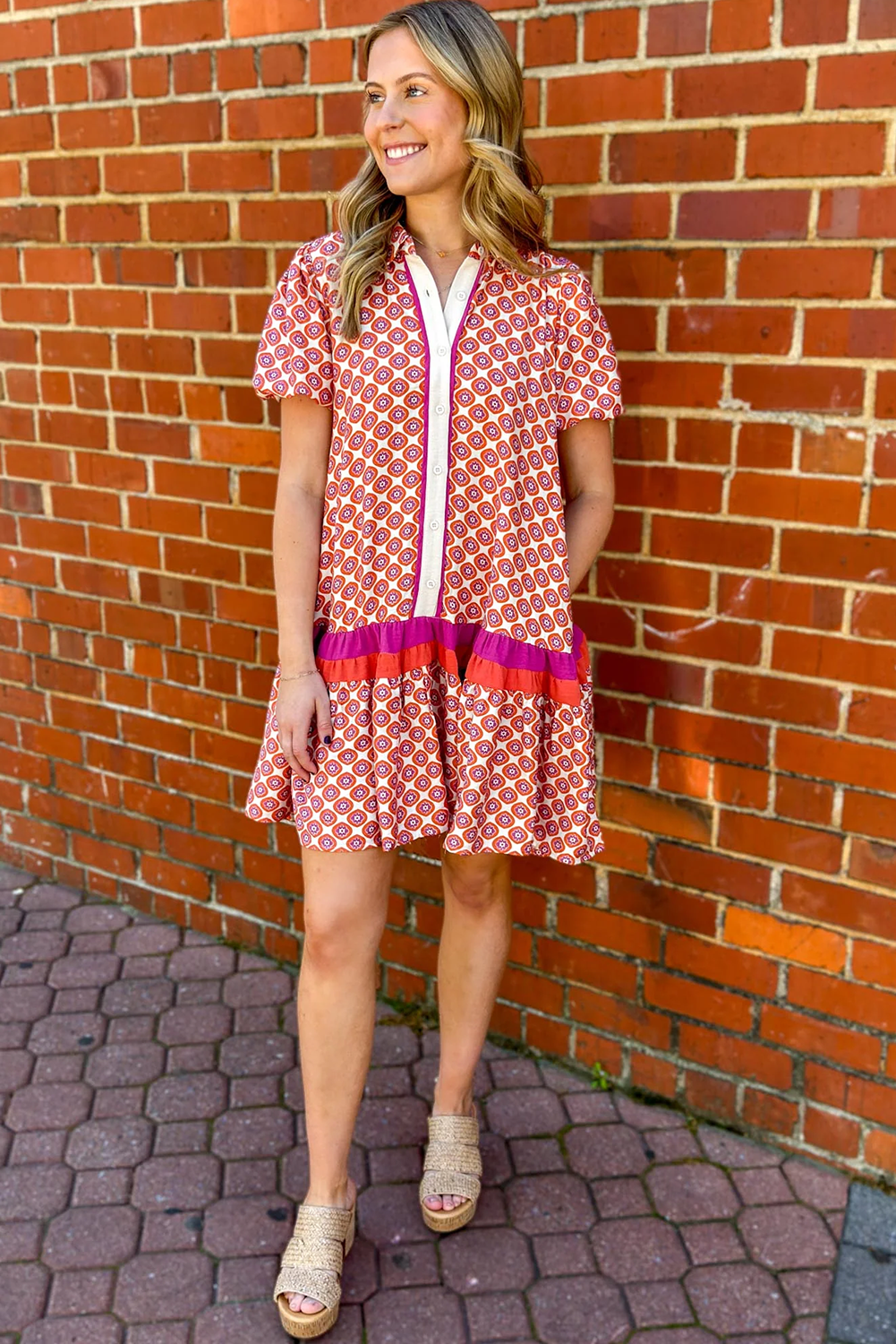 Orange Geometric Floral Print Color Block Trim Button Front Ruffle Hem Dress 0b15c034d2da6e82