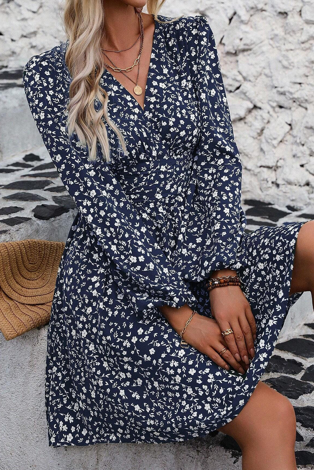 Dirty Blue Floral Print V Neck Long Sleeve Mini Dress 0b1d5483bf0d08fd
