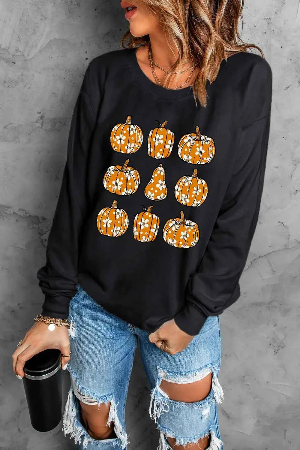 Pumpkin Round Neck Long Sleeve Sweatshirt 0b1f5a63-1204-4d4e-9642-4e823f785cb8-Max