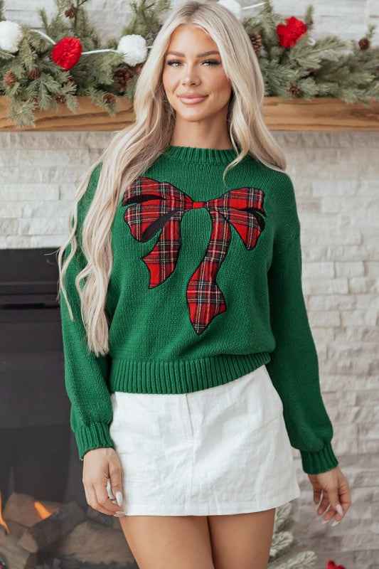 Plaid Bow Drop Shoulder Christmas Sweater 0b2461c1-10be-4254-8f76-ff7203991a75