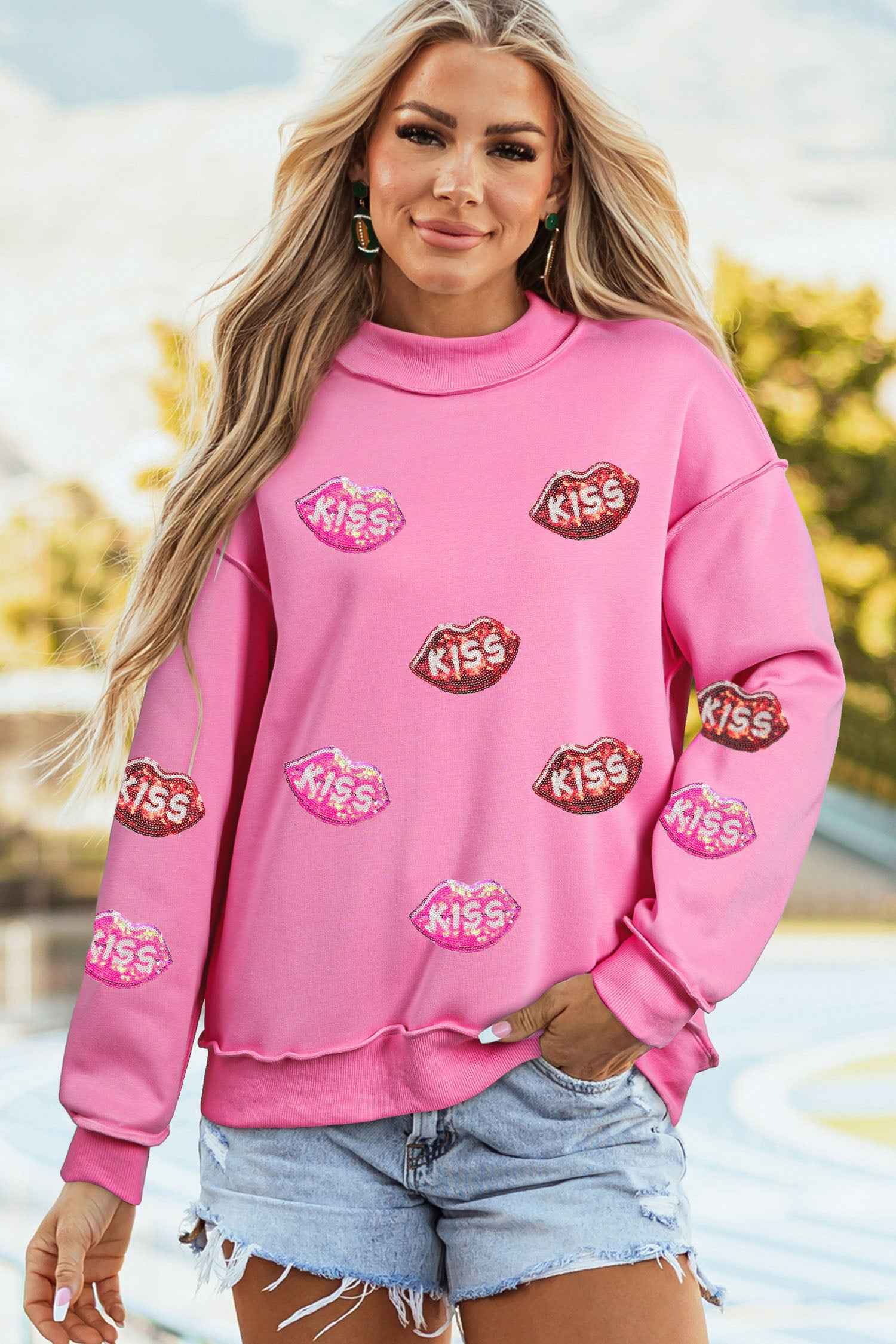 Bright Pink Mock Neck Sequin KISS Lips Reversible Double Wear Sweatshirt Bright Pink 65%Polyester+35%Cotton 0b2609c942b9e707