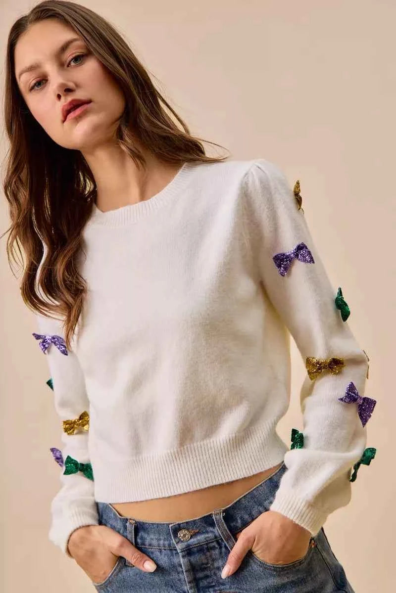 SO ME Mardi Gras Glitter Bow Ribbon Sweater Knit Top 0b2fe12500a94837b852bea5ebb67781-Max-Origin