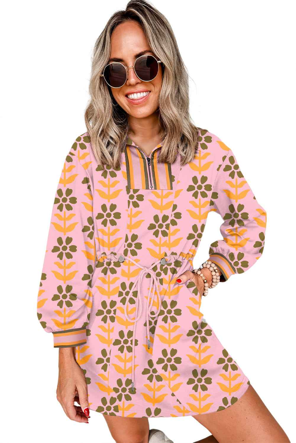 Pink Floral Print Zip Neck Striped Patchwork Long Sleeve Drawstring Dress Pink 95%Polyester+5%Elastane 0b30054b2e15a1ff
