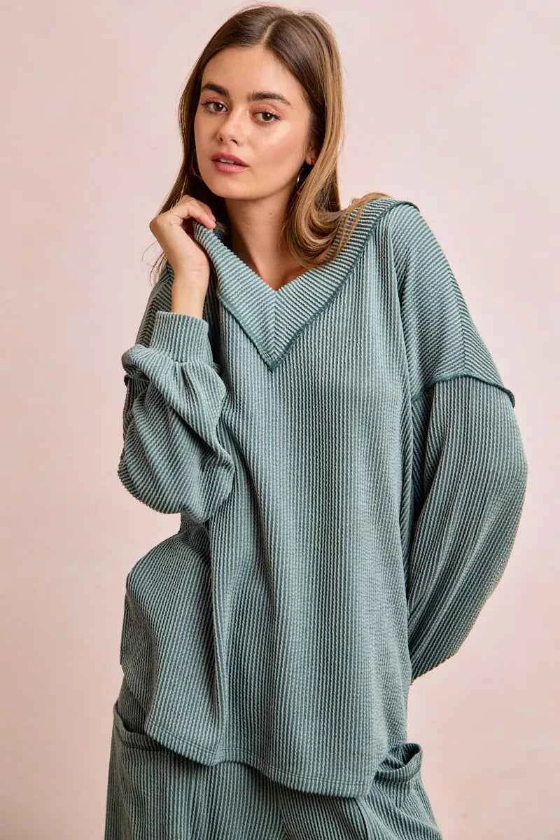 BiBi Two Tone Cord Rib Contrast Stitching V-Neck Top and Pants Set 0b311bbfe7344b129db938c922c2a4b1-Max-Origin