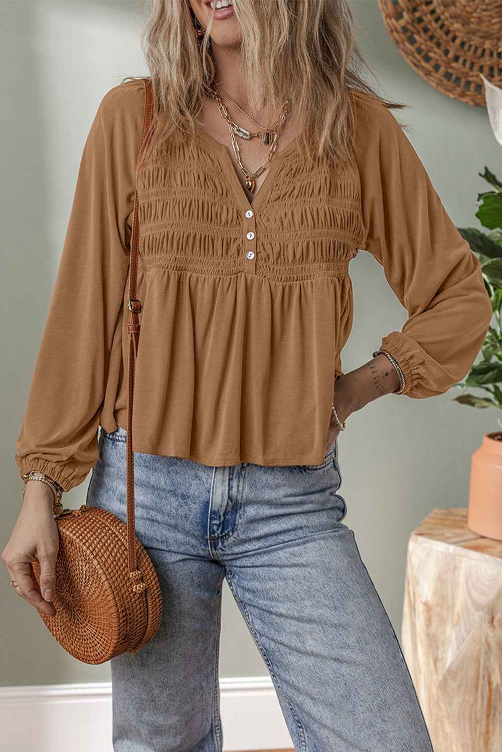 Black Smocked Bust Buttoned Split V Neck Flowy Blouse 0b339589c0152326