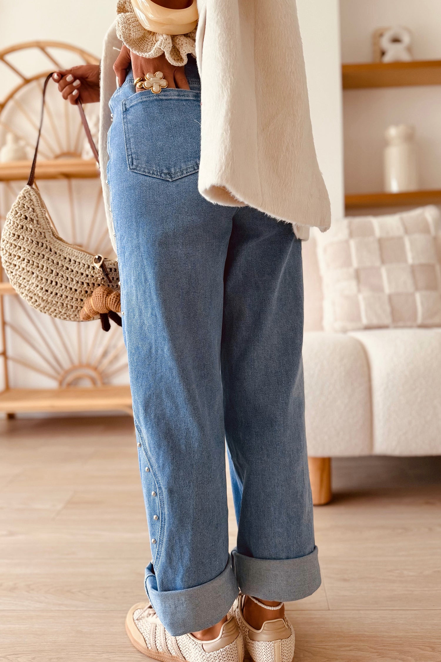 Dusk Blue Side Seam Rivet Detail Ankle Length Casual Jeans 0b3aec1a85af53ea