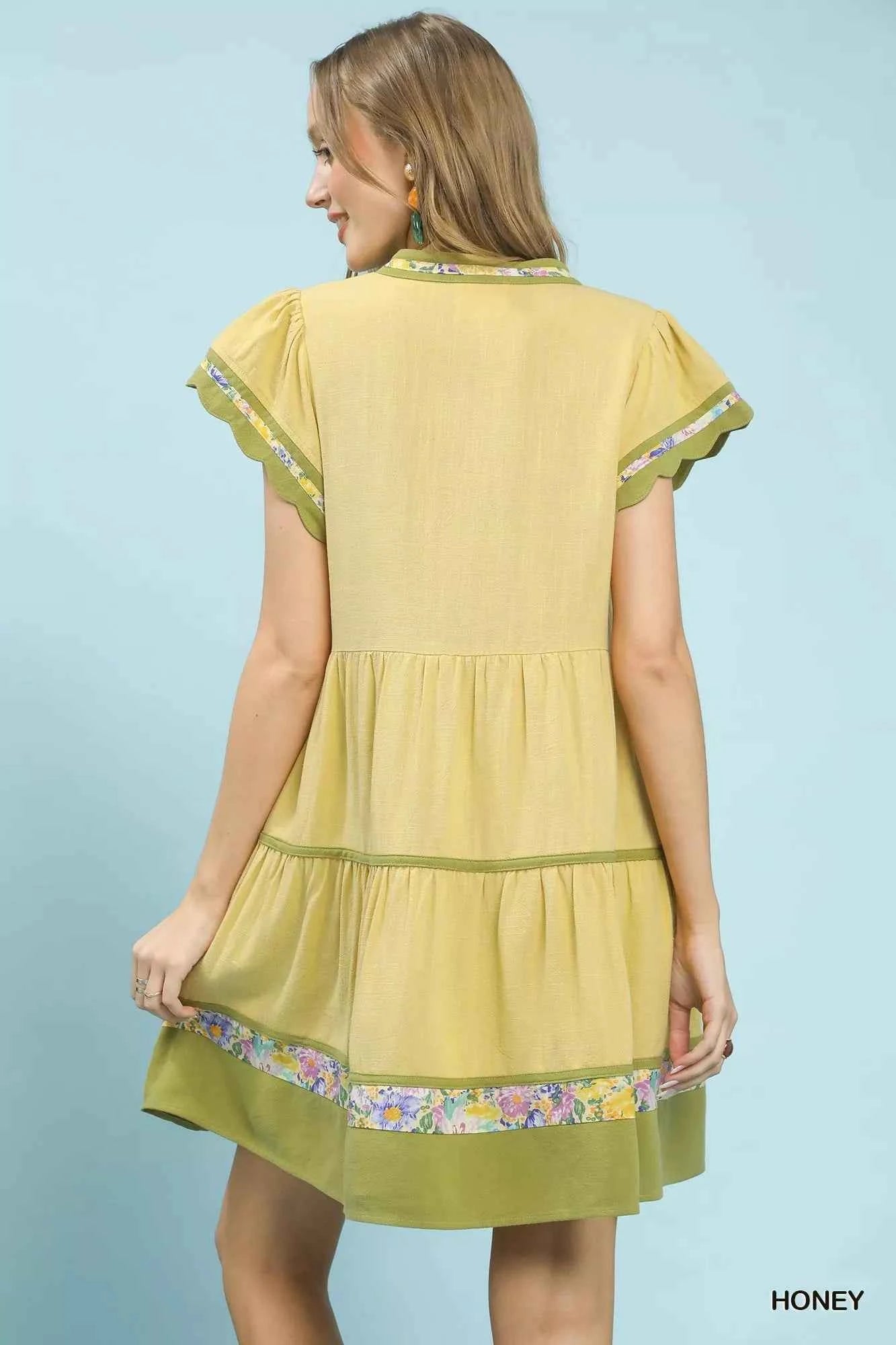 Umgee Linen Tiered Flutter Sleeve Dress with Floral Trim 0b3f90af-44bc-4ef8-9fce-177c107f890e-Max-Origin