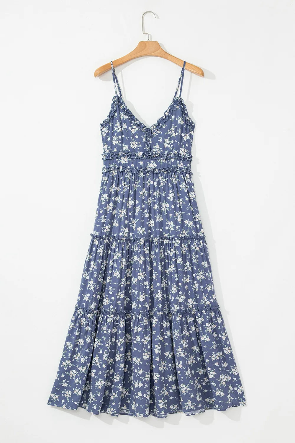 Floral Spaghetti Strap Frilled V Neck Tiered Midi Dress 0b402a9e-b115-4bf5-bd89-be54c3927b14-Max