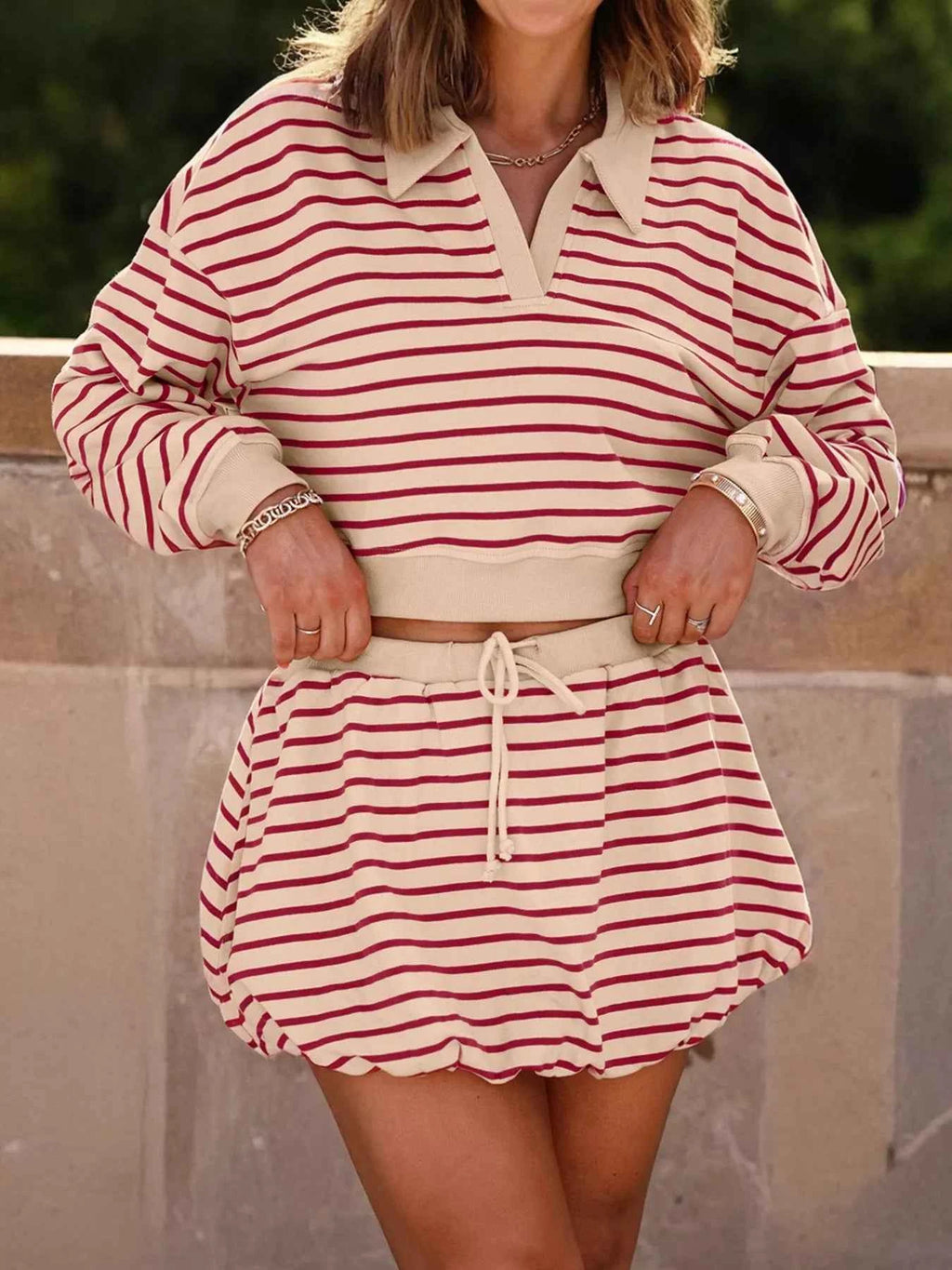 tripe Cropped Collared Drop Shoulder Pullover and Bubble Mini Skirt Set Deep Rose 0b432fe332c344f5b27d907822aaa082-Max-Origin