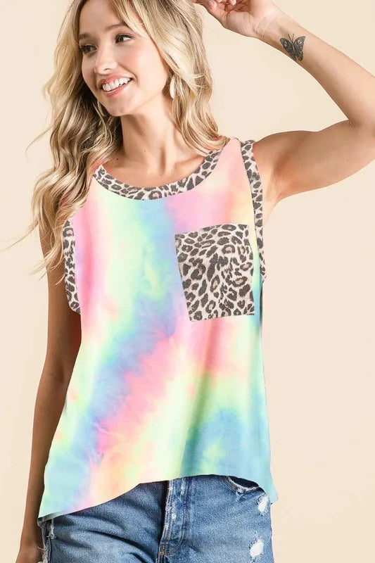 Sleeveless Tie Dye Top With Leopard Band 0b436dd5944540cea192815b9377db5e-Max-Origin