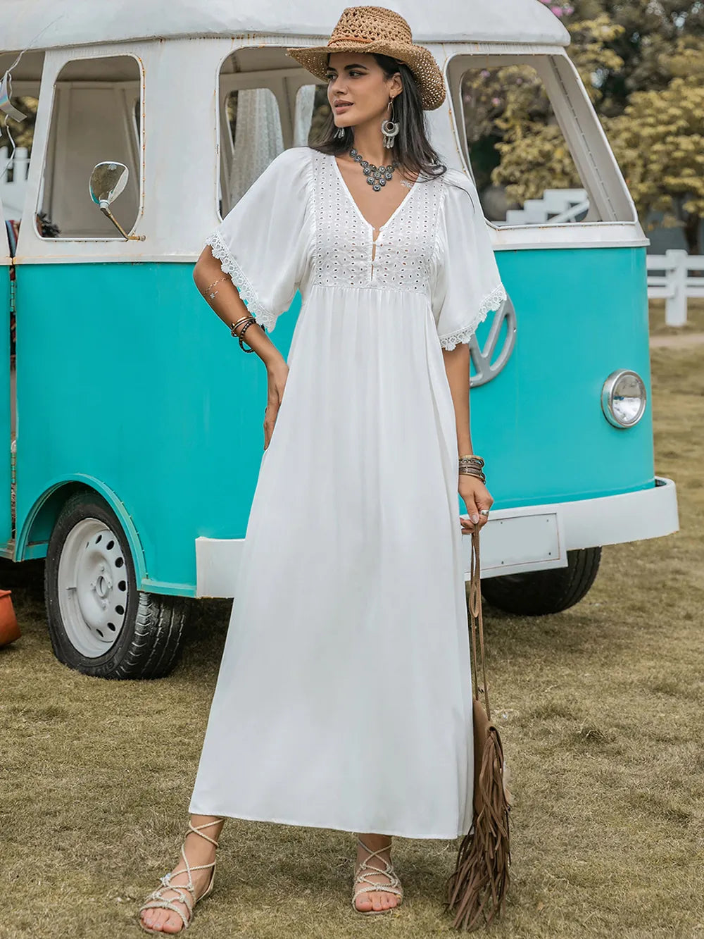 Lace Detail Eyelet V-Neck Half Sleeve Dress 0b43cb04-b795-43c6-9a25-a1c4ec63167d-Max