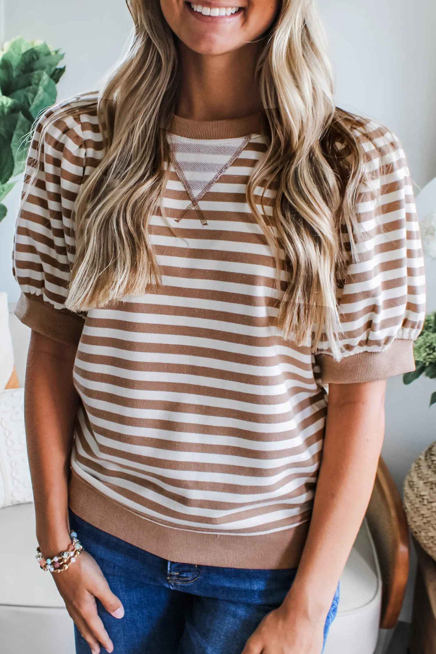 Orange Stripe Short Bubble Sleeve T Shirt Orange Stripe 95%Polyester+5%Elastane 0b43cc7f5a9dc998