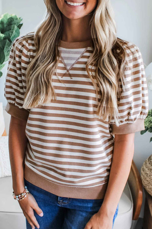 Orange Stripe Short Bubble Sleeve T Shirt Orange Stripe 95%Polyester+5%Elastane 0b43cc7f5a9dc998