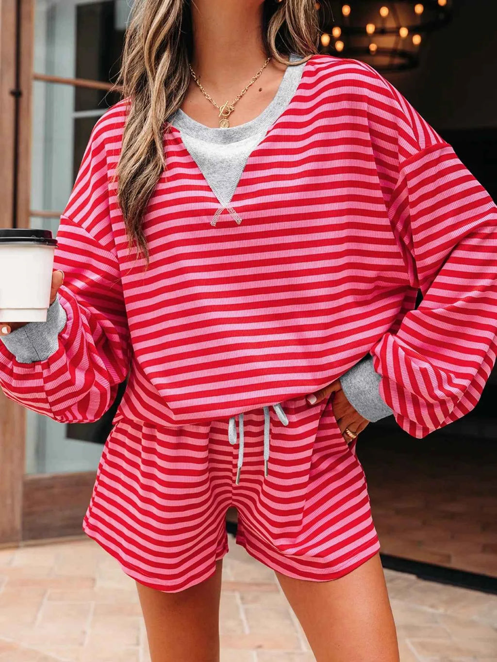 Stripe Drop Shoulder Baggy Top and Shorts Casual Set